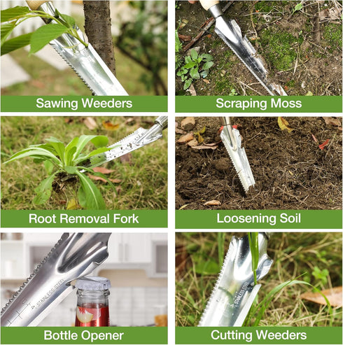 WORKPRO Hand Weeder Puller, 5-in-1 Stainless Steel Garden Trowel with Wooden Handle for Planting and Weeding Care