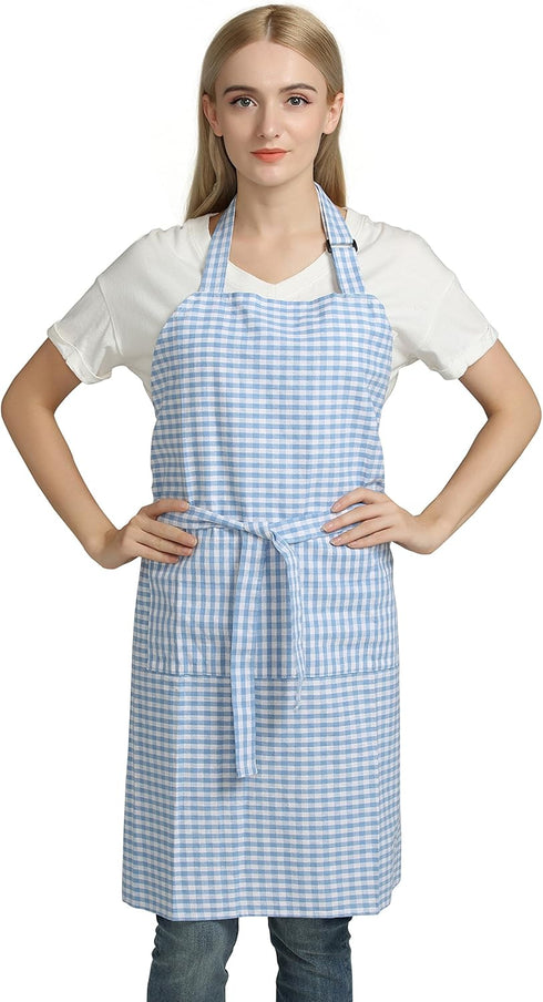 Vintage Gingham Chef Bib Canvas Kitchen Aprons, Large Size, 100% Pure Cotton, Adjustable Neck Strap, Pockets (Blue)