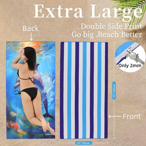 Cxtoweley 70''x35'' 2 Pack Microfiber Beach Towels Extra Large Oversized Quick Dry Sand Free Blue White Striped Towel