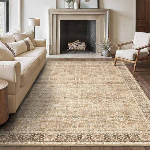 5x7 Beige Washable Rug for Living Room Large Vintage Distressed Bedroom Rug Low Pile Non-Slip Soft Boho Carpets