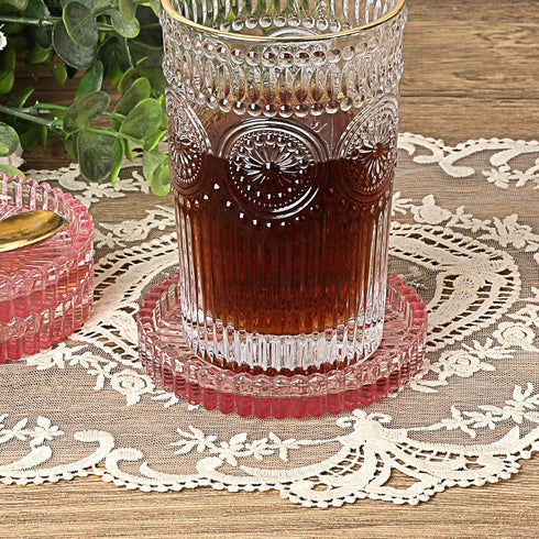 JUXYES 8 Pack Clear Pink Crystal Coasters Round Cup Mat, Glass Coasters for Drinks Coffee Tea Wine, Decorative Wine