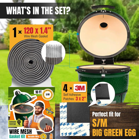 10 Gasket for Big Green Egg S/M - FT Wire Mesh Gasket - Fiberglass BGE Gasket - Compatible with Big Green Egg