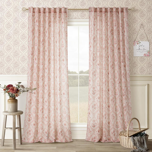 96 Inch 2 Set Pink Linen Floral Curtains Panel for Living Room Semi Sheer Light Filtering Window Curtains Blush Flower