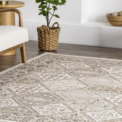 nuLOOM 2x8 Becca Traditional Tiled Area Rug, Beige, Stain Resistant, Faded Transitional Design for Home
