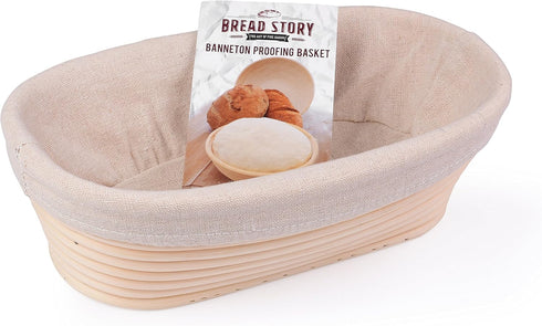 Oval Proofing Basket Set (10x6 inch) by Bread Story – Handmade Unbleached Natural Cane Bread Baking Kit with Cloth Liner