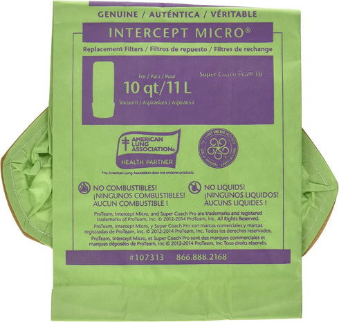 ProTeam 107313 Intercept Micro Filter Bags, 10-Pack, 10-Quart Capacity Replacement Vacuum Filters