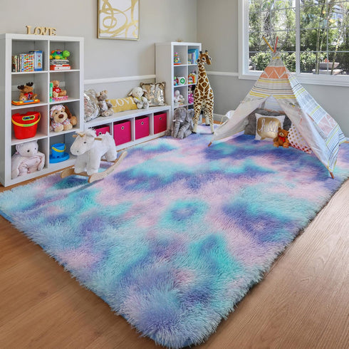 Fluffy Area Rug for Girls Bedroom, 4x6 Purple Rainbow Cute Unicorn Indoor Floor Rug, Ultra Soft Plush Shaggy Carpet