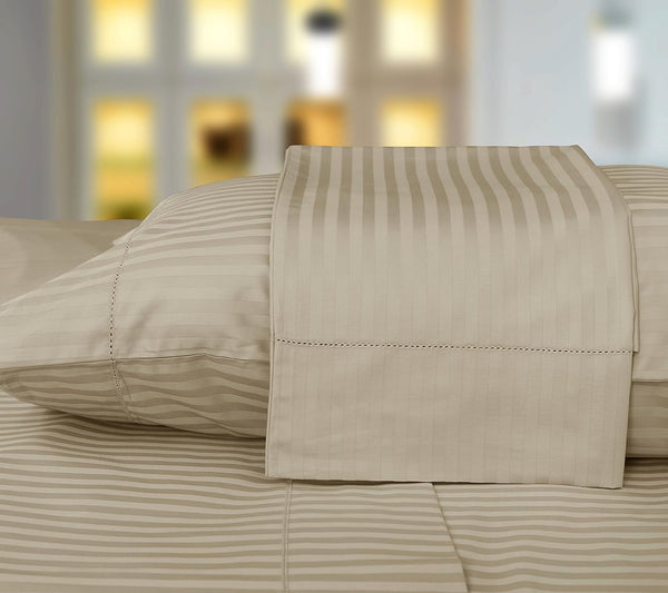 Threadmill Home Linen Luxury King Size Pillow Cases, 100% Natural Cotton 600 Thread Count, 2 Piece Damask Stripe Beige