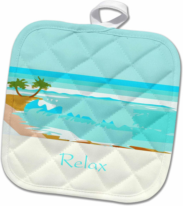 3D Rose Relax Word Print on Beautiful Painted Turquoise Beach Pot Holder, 8 x 8