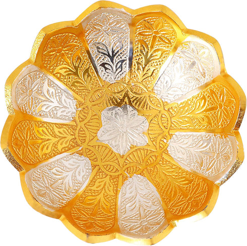 SATVIK 1 Pc 4 Inch Designer Gold Silver Plated Lotus Flower Dessert Bowl with Spoon Set, Embossed Serving Bowl for
