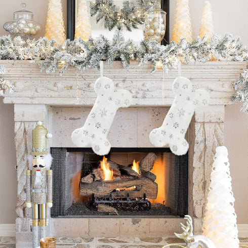 Senneny Snowy White Plush Pet Dog Christmas Stocking, Large Bone Shape Faux Fur with Silver Snowflake Sequin for
