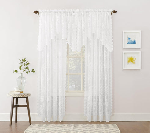 No. 918 Alison Floral Lace Sheer Rod Pocket Curtain Panel, 58" x 72", White
