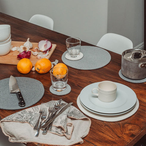 OrganiHaus Set of 6 Gray Woven Coasters for Wooden Table, 4.3" Absorbent Cup Coasters for Drinks, Cute Fabric Coasters