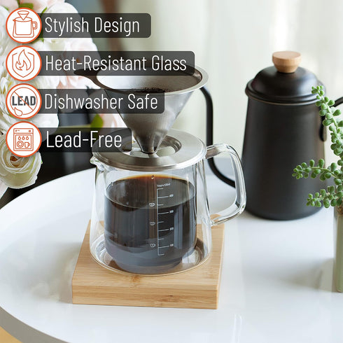 Brew To A Tea BTaT Pour Over Coffee Maker Set, Double Wall Glass, 16 oz, Drip Coffee Maker with Permanent Filter