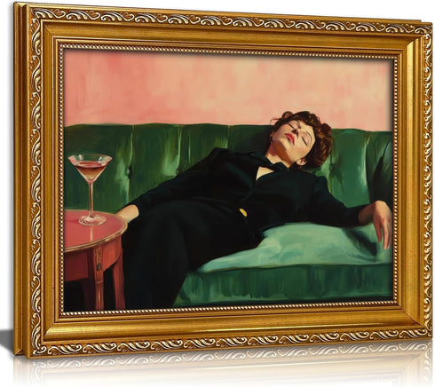 Vintage Gold Framed Bar Wall Art, Victorian Woman and Man on Couch