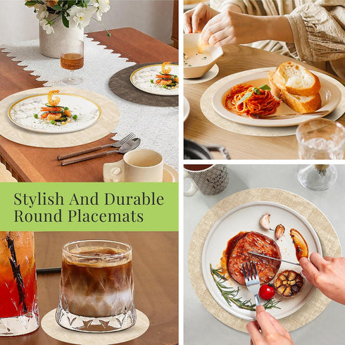13-Inch Set 6, (6, Faux Leather Round Placemats of Waterproof Anti-Slip Dual Sided Place mats, Heat Resistant Washable