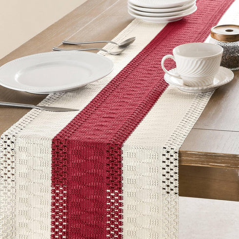 14 72 Inch 72 Inches ZeeMart Macrame Style Bicolor Stitching Table Runner, x Red/Ivory, Boho Red Table Runners Long