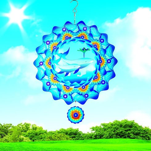 Wind Spinner for Outdoor, 12 inch Hanging Wind Sculpture, 3D Stainless Steel Whale Design for Garden Yard Balcony Decor