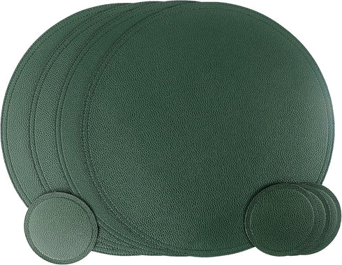Jovono Faux Leather Round Placemats and Coasters, Wipeable Table Mats, Diameter 13'' and 3.9'', Green