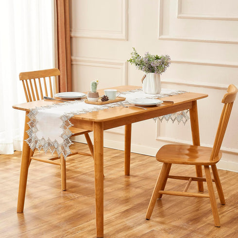 60 inches 16x60) White Linen Table Runner Long, Neutral Earth Tones Beige Lace Vinyl Dresser Scarf for Kitchen Coffee