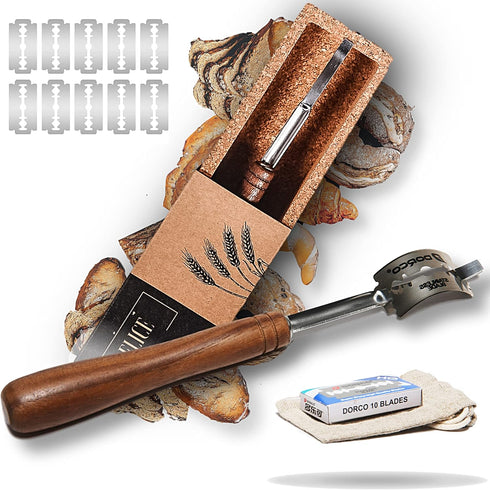 Handcrafted Bread Lame Made of Rich Dark Walnut Wood with Natural Cork Storage Case and 10 Blades