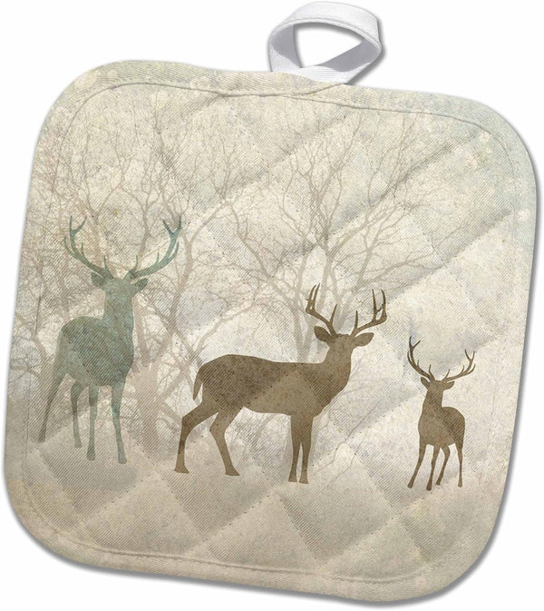 3D Rose Deer Silhouettes Against Faded Forest Background Pot Holder, 8 x 8