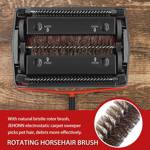 JEHONN Carpet Floor Sweeper Manual with Horsehair, Non Electric Rug Roller Brush for Cleaning Pet Hair, Loose Debris,
