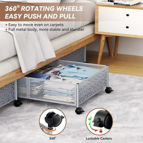 PHINOX Under Bed Storage Containers with Wheels, 2 Pack for Bedroom Clothes, Shoes, Blankets Organizer Drawer