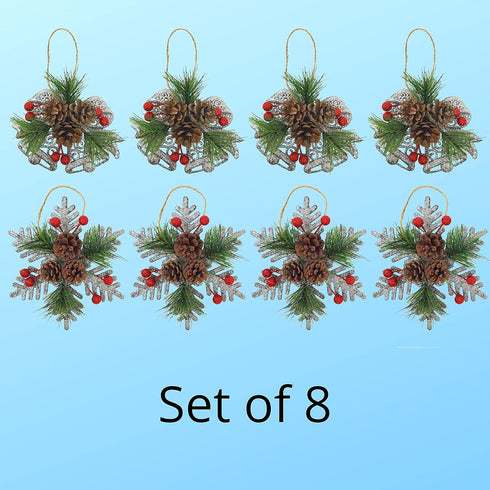 Pinecone Berry Pine Twig Christmas Ornaments, Set of 8, Glittered Snowflakes and Bells with Pine Cones and Red Berries