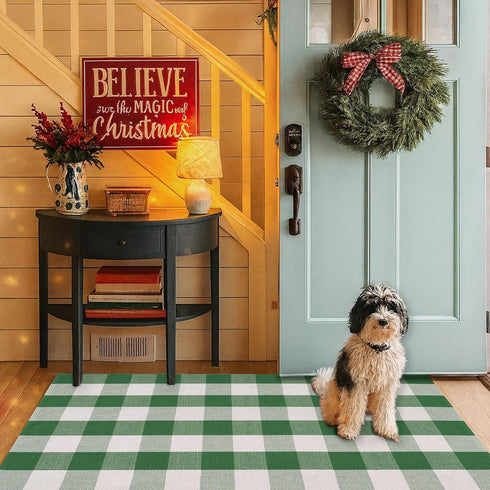 28 43 Inches Christmas Green & White Plaid Rug - x Outdoor Front Door Decor Mat Cotton Washable Hand-Woven Rug