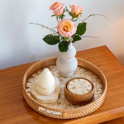 Set 6 JUNGLE CULTURE Mother of Pearl Rattan Coasters for Drinks with Holder Handmade Round Coaster of Wicker Homeware