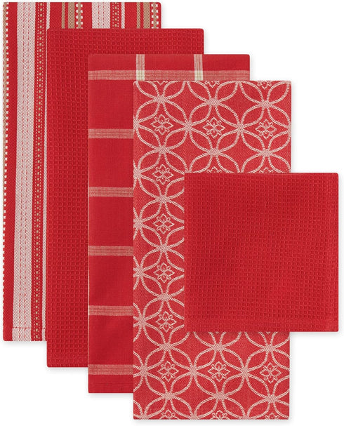DII Assorted Woven Kitchen Set, 5 Piece, Red, Dishtowel 18x28, Dishcloth 13x13