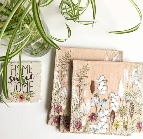 20 Counts 6.5 x 6.5 inches 3-Ply Tan Floral Decorative Napkins for Decoupage, Eco-Friendly & Biodegradable Nature