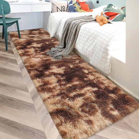Super Soft Fluffy Living Room Area Rug 2x10 ft Tie-Dyed Brown Shaggy