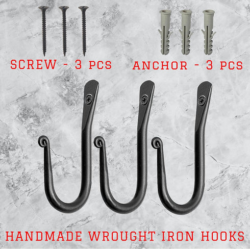 HB Decorative Hook, Wrought Iron Wall Mount Coat Hooks, Set of 3 Handmade Classic Wall Hooks