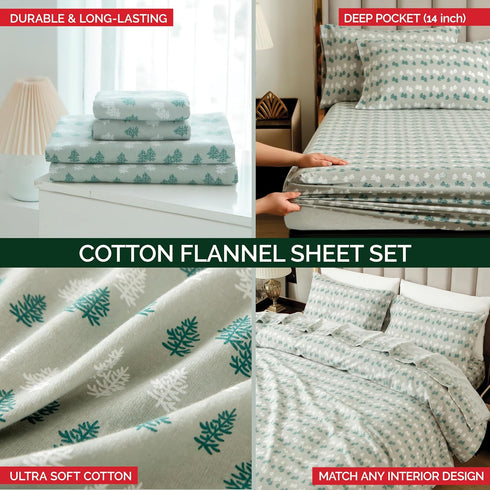 4-Piece 100% Set Cozy Elegant Comfort Ultra Soft Turkish Cotton Flannel Sheet - Holiday Christmas Flannel Sheets, Warm