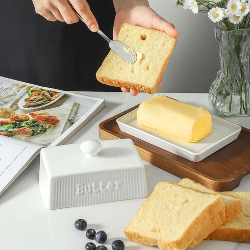 8oz Large Butter Dish with Lid, Ceramic Butter Holder with Knob Handle, Striped Butter Keeper, Porcelain Butter Tray