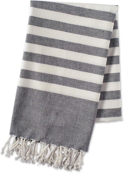 100% Cotton Decorative Turkish Fouta Towel, Soft & Absorbent with Twisted Fringe - Black Stripe