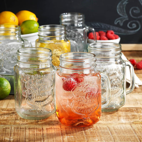 Set 10 16 Oz. Glaver's of Ice Cold Mason Drinking Glasses With Handles. Quality Refreshing Ice Cold Embossed Logo Jars