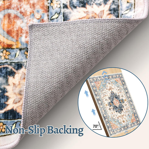 Vintage Rug 2x3, Washable Non-Slip Small Area Rug, Distressed Blue/Beige Print Door Mat for Entryway Kitchen