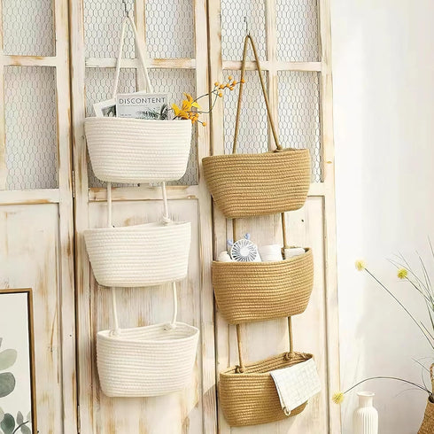 3 AARAINBOW Wall Hanging Cotton Baskets - Large Tier Decorative Baskets for Wall, Nursery, Bathroom (B-Brown)