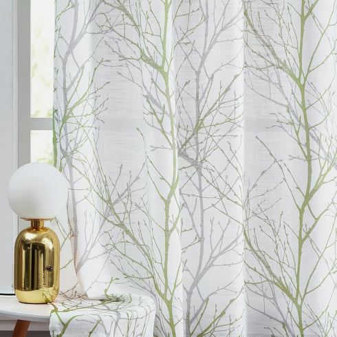 FMFUNCTEX Green White Sheer French Door Curtains 40 Inches Long, 50 Inches Wide, 1 Panel with Tieback, Branch Tree Print