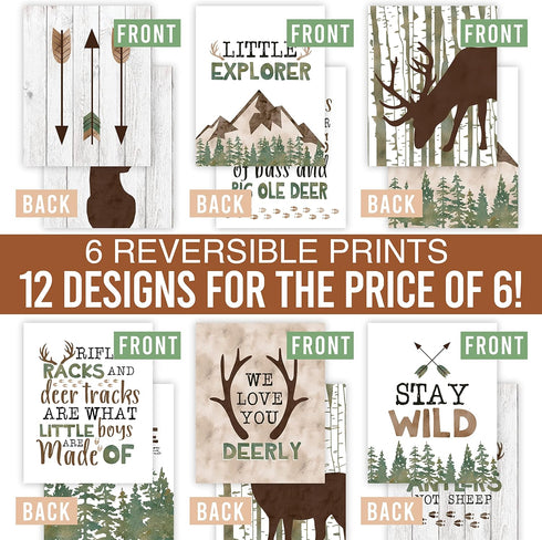 6 Hadley Designs Woodland Nursery Wall Decor - Reversible Unframed Baby Boy Nursery Decor, Hunting Decors for Boys