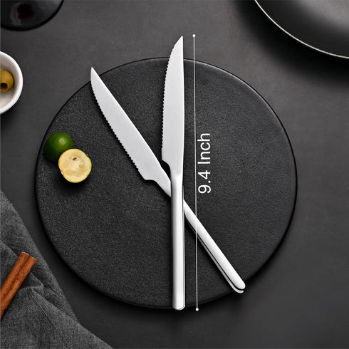 KINGSTONE Sharp Steak Knives, German Stainless Steel Steak Knife Set of 4 with Full-Serrated Blade, 9.4-Inch Sleek Design Table Knives, Mirror Polished