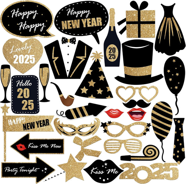 KatchOn Glitter New Years Photo Booth Props 2025 - Pack of 32 for New Years Eve Party Supplies and Decorations