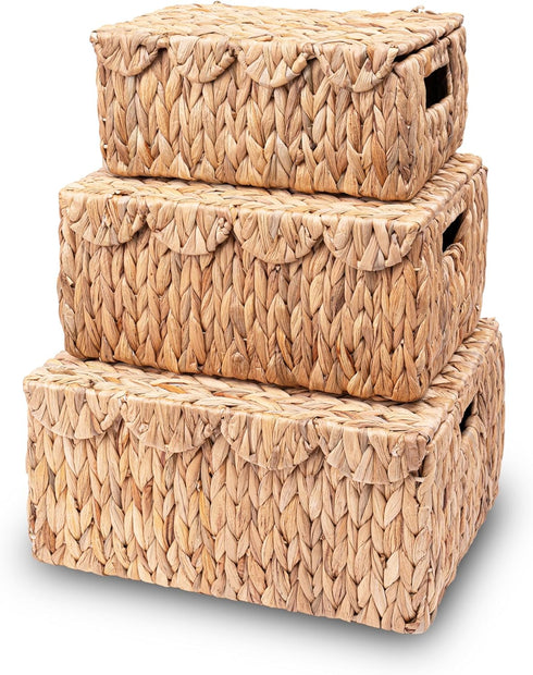 LUSYDECO Set of 3 Scalloped Edge Wicker Basket with Lid, Rectangle Wicker