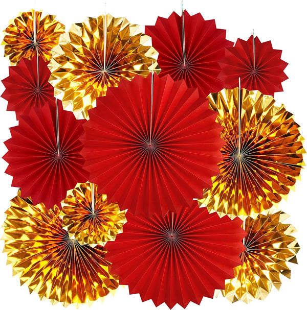 Red and Gold Hanging Paper Fans - 12pc Wedding Anniversary Bachelorette Birthday Graduation Party Decorations