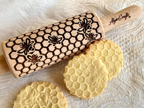 Kid Size Embossing Rolling Pin BEES. Wooden Laser Cut Mini Rolling Pin for Cookies, Play Dough, Salt Dough. Gift