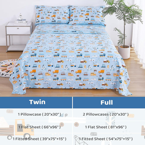 4 Set Sets Viviland Pieces Boys Blue Truck Full Sheet - Soft Microfiber Fitted Flat Sheets & Pillowcases - Construction