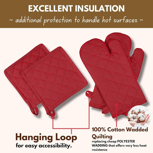 Native Fab Pot Holders and Oven Mitts Set - 4-Piece Kitchen Heat Resistant Cotton Set in Red